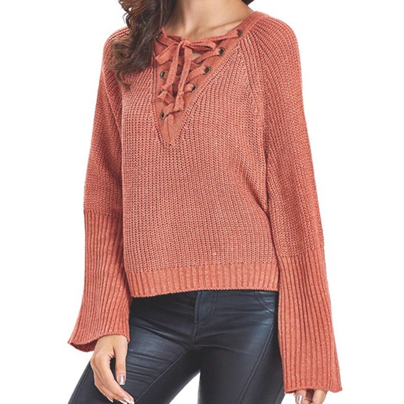 . Sweaters - NWT Rust Lace Up Bell Sleeve Knit Sweater